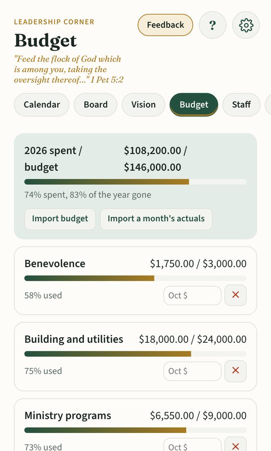 True Care Pastor Budget screen
